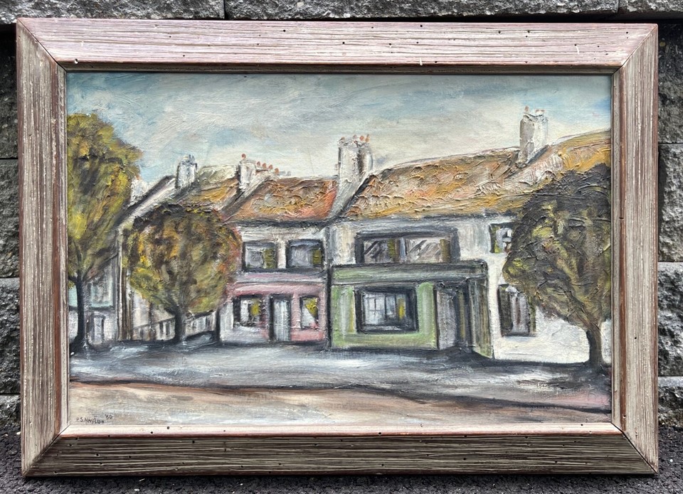 Vintage 1960s Landscape Architecture Oil Painting Mid Century Wall Art Signed