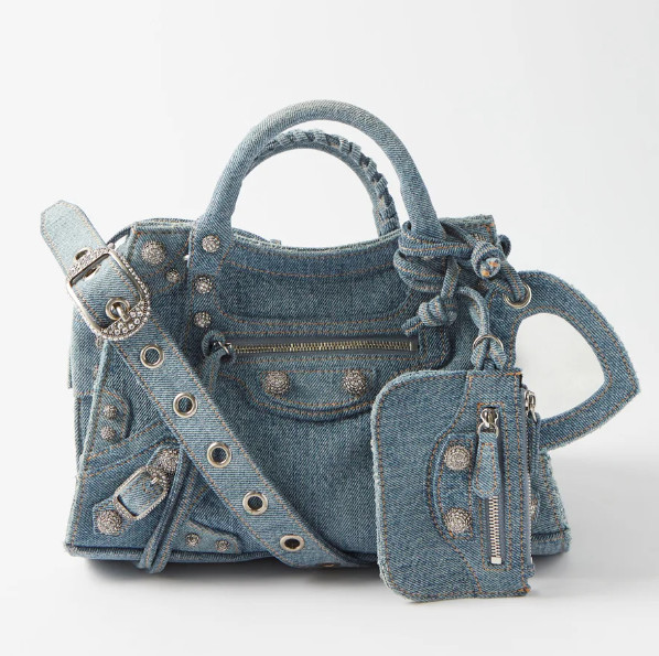 BALENCIAGA WOMEN'S NEO LE CAGOLE XS HANDBAG IN DENIM BLUE W RHINESTONE CRYSTALS