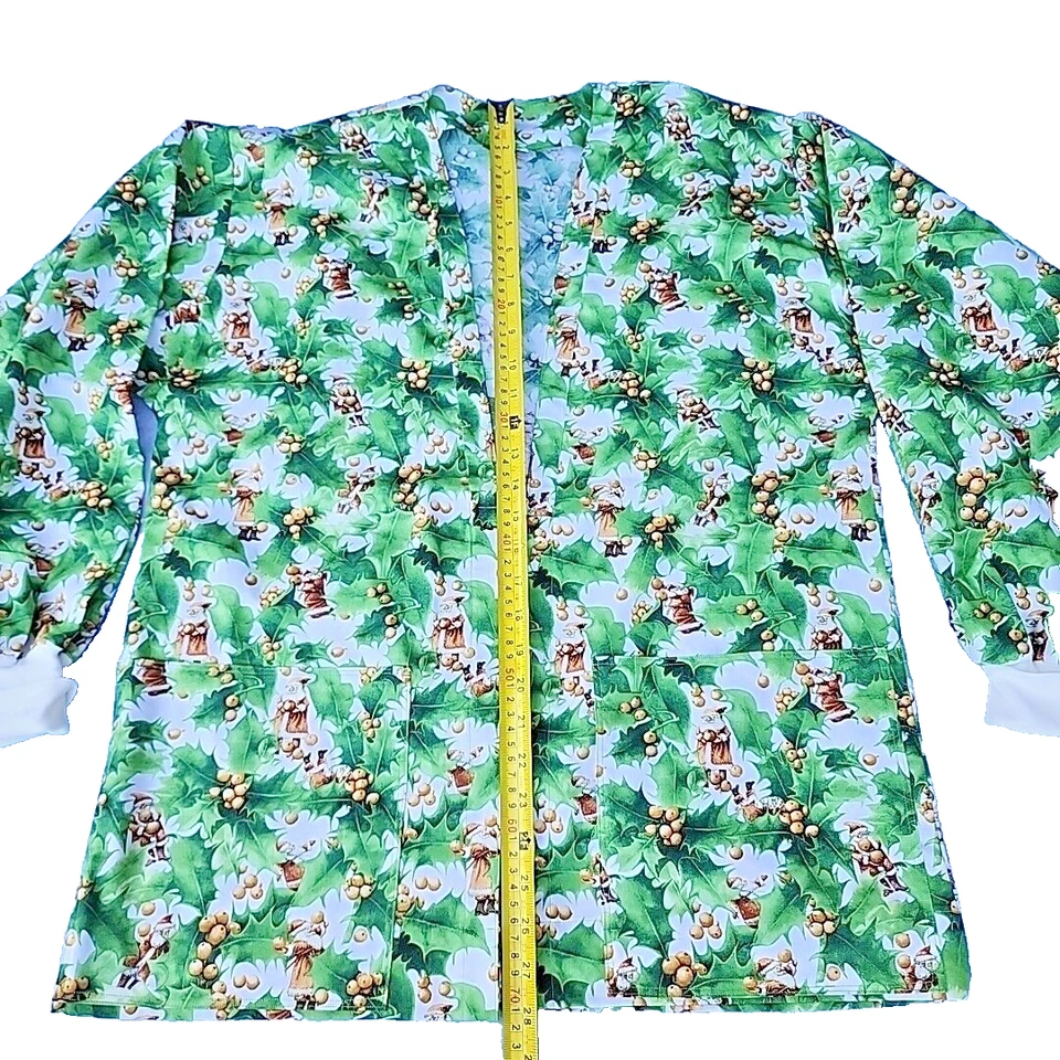 Women's Green Leaf & Santa Print 100% Cotton Open Front Scrub Jacket Top Sz M - Image 4 of 4