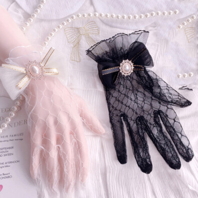 Wedding Party Bridals Gloves Womens Lace Bowknot Mesh Full Finger Gloves Mittens