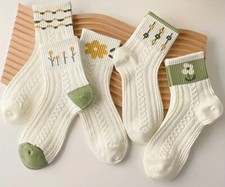 5 Pairs White Green Floral Women Teenager Adult Socks One Size Debs 
