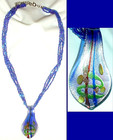 DICHROIC IRRIDESCENT GLASS PENDANT NECKLACE  on 3 STRANDS of BLUE BEAD 18" — photo 1