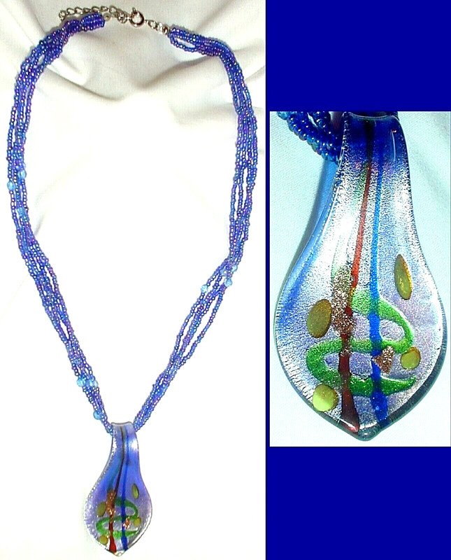 DICHROIC IRRIDESCENT GLASS PENDANT NECKLACE  on 3 STRANDS of BLUE BEAD 18"