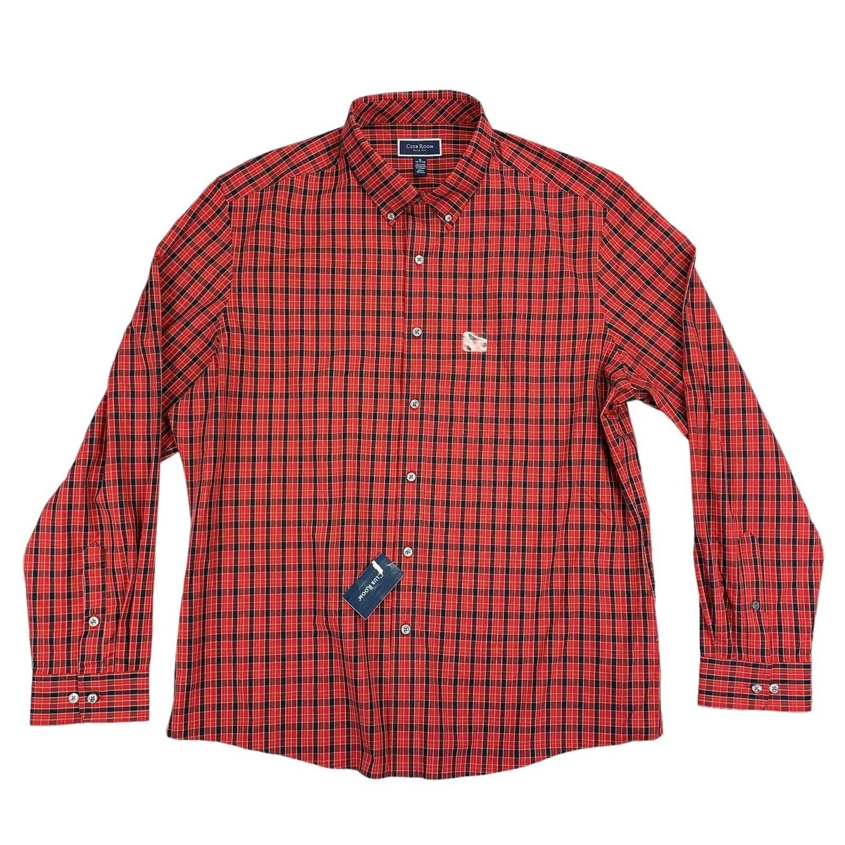 Club Room Mens Slim Fit Plaid Performance Dress Shirt Red XL 17-17.5 | eBay