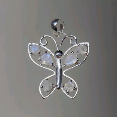 Natürlicher Regenbogen Mondstein Schmetterling 925 Sterling Silber Anhänger Schmuck 1853