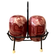 CALIFORNIA POTTERY CRANBERRY DRIP GLAZE SALT & PEPPER SHAKERS IN RACK VTG 1950’S