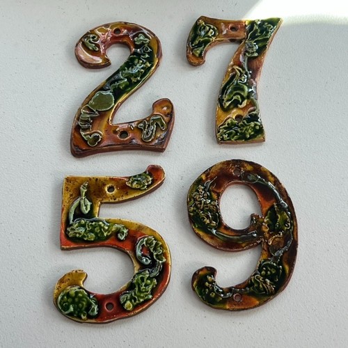 Art Studio Pottery House Numbers Brown & Green Glazed