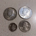 Lot Of 4 90% Silver Coins Kennedy Half Dollars,Washington Quarters & Dime