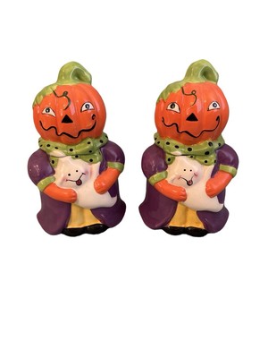 Pumpkin Girls Holding Ghost Cookie Jar Ceramic Halloween *Kitchen Worthy*(2)