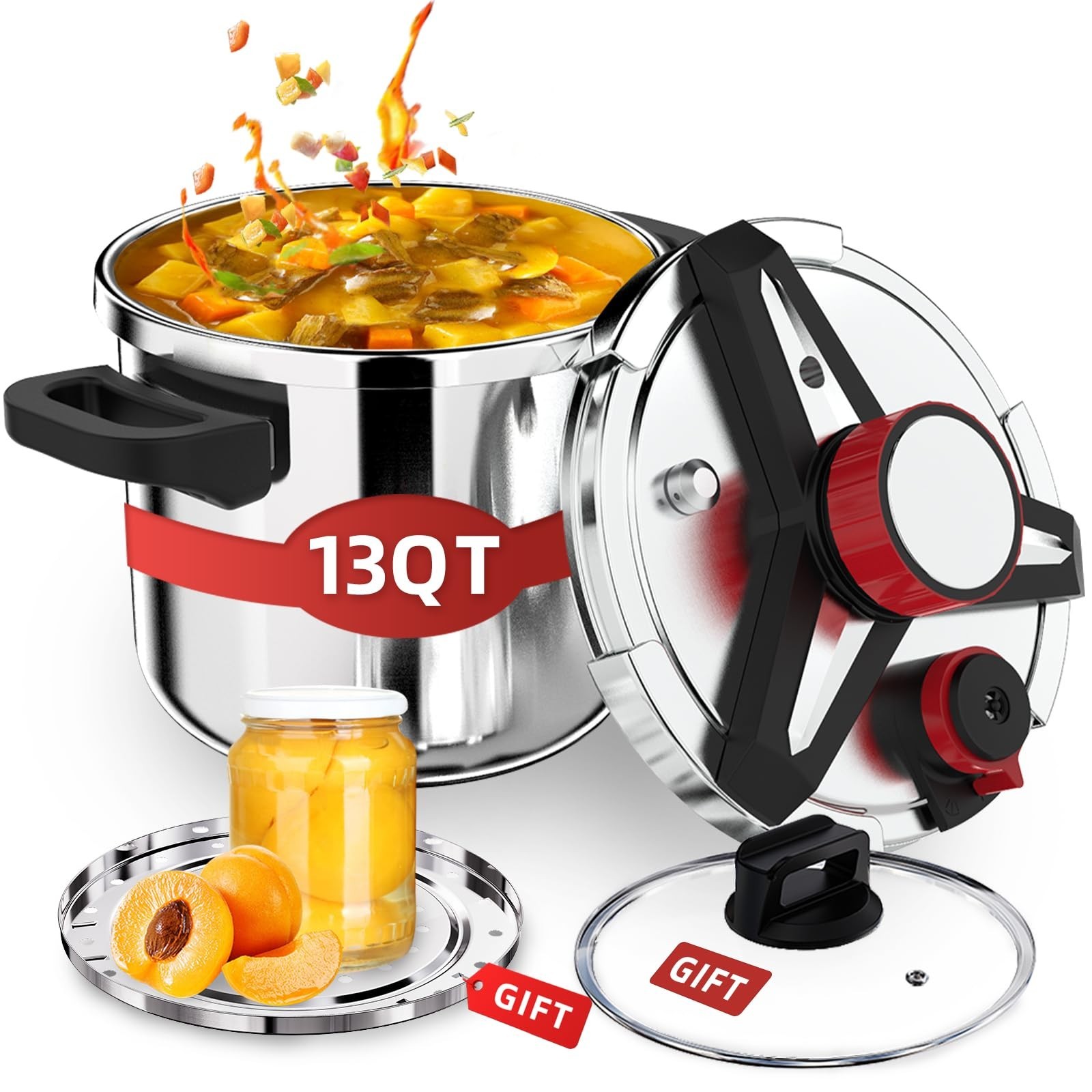 3-In-1 304 Stainless Steel Pressure Cooker 13 Quart: [Explosion-Proof] [3 PSI...