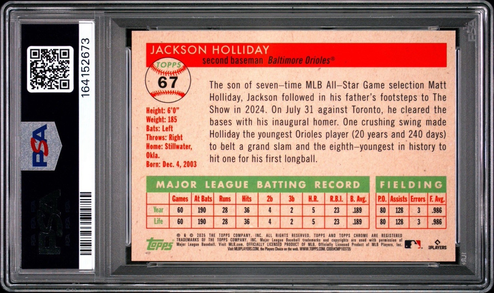 2025 PLATINUM ANV #67 JACKSON HOLLIDAY /25 PLAT TOILE CREAM/ORANGE POP 1 PSA 9 view 3