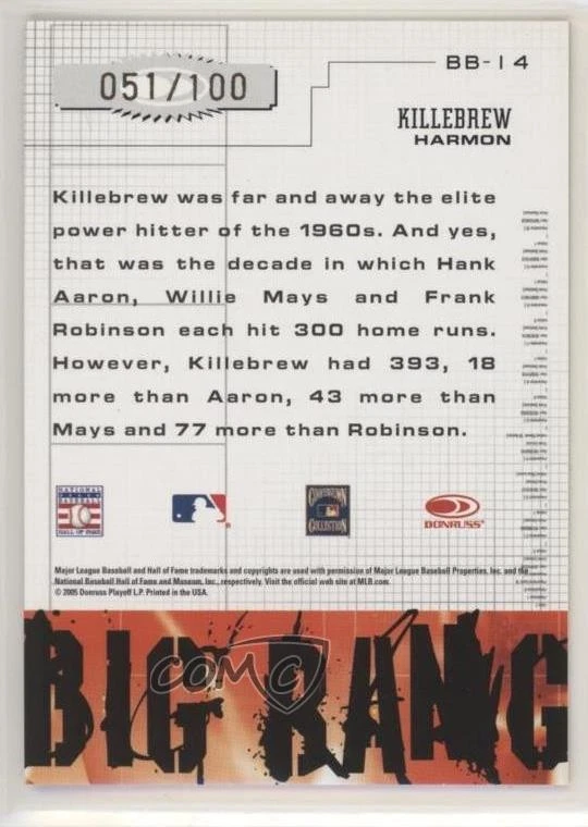 2005 Donruss Leather & Lumber Big Bang Gold /100 Harmon Killebrew #BB-14 HOF - Image 2 of 2