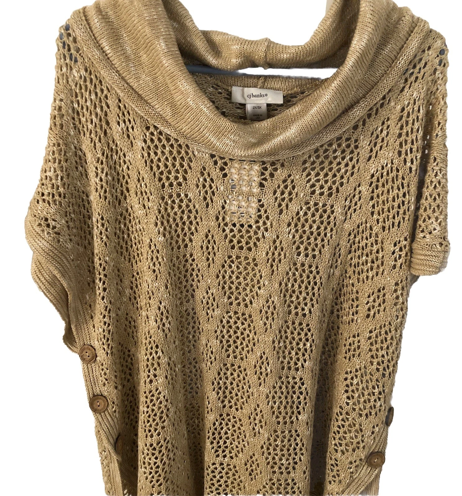NWT Christopher Banks Beige Sweater Poncho 2X-3X Open Knit Button Side Cowl Neck