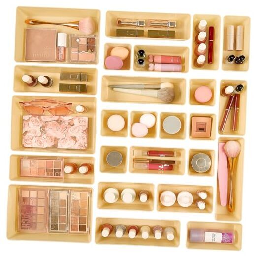 25 PCS Plastic Drawer Organizers Set, 4-Size Versatile Bathroom and Beige