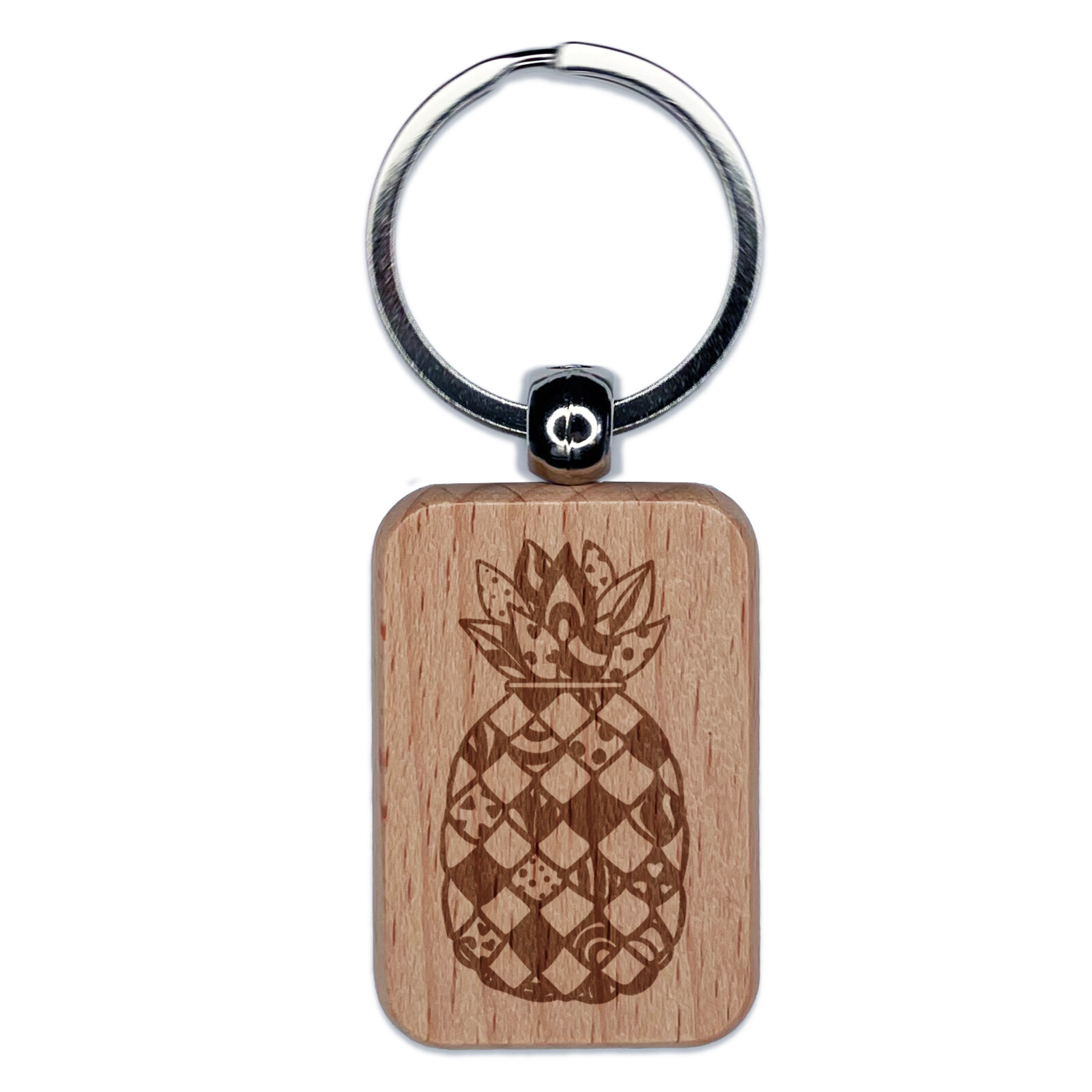 Quirky Patterned Pineapple Engraved Wood Rectangle Keychain Tag Charm