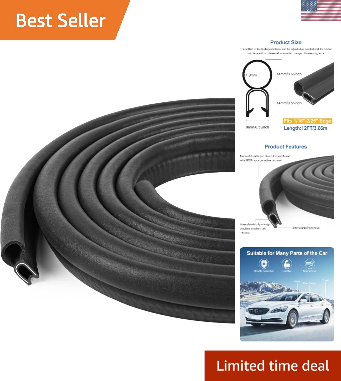 12ft Car Door Weather Seal Rubber Edge Trim - Easy Install Gasket  