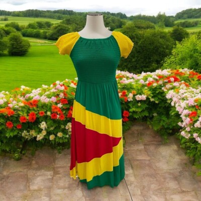 Rasta Colorblock Smocked Peasant Dress Reggae Festival Boho