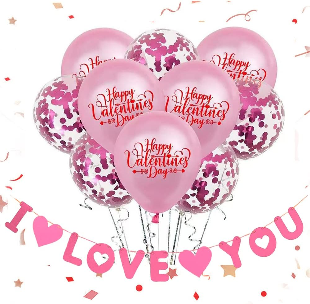 Valentines Day Decorations Set Pink Balloons I LOVE YOU Banner Confetti