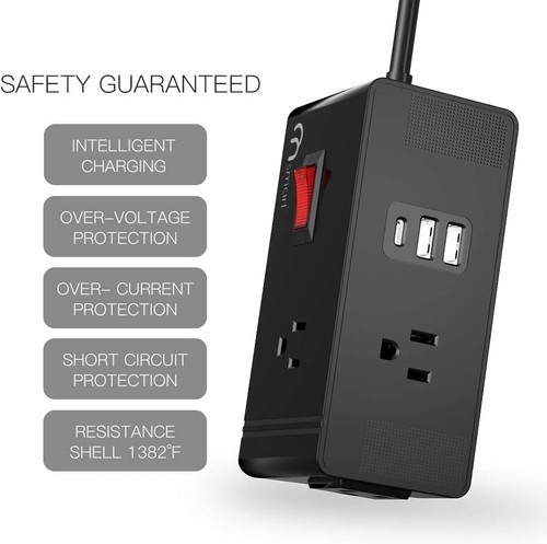 Enchufe plano de tira de alimentación con 3 tomas 2 puertos USB y 1 cable de extensión USB-C 5 pies UL - Imagen 2 de 6