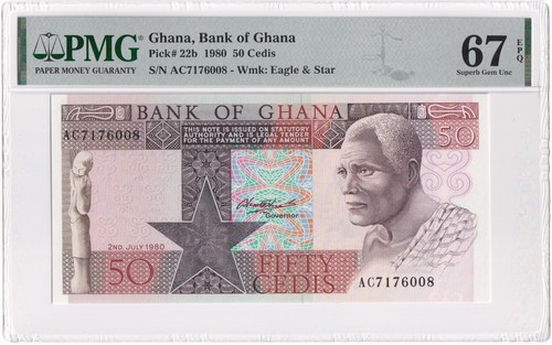 GHANA-50 CEDIS-1980-PICK 22b-S/N 7176008 **PMG 67 EPQ SUPERB GEM UNC** - Picture 2 of 3