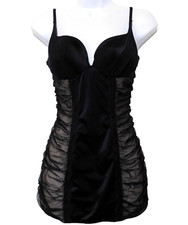Victorias Secret Mini Slip Gown 34B Padded Bra Dress Black Sheer Ruched On Nude