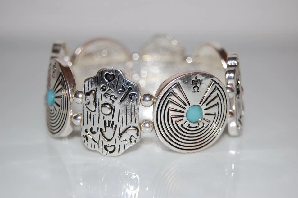 BRAZALETE BRAZALETE ELÁSTICO ESTILO SUROESTE METAL PLATEADO E IMITACIÓN TURQUESA Foto 3 de 4