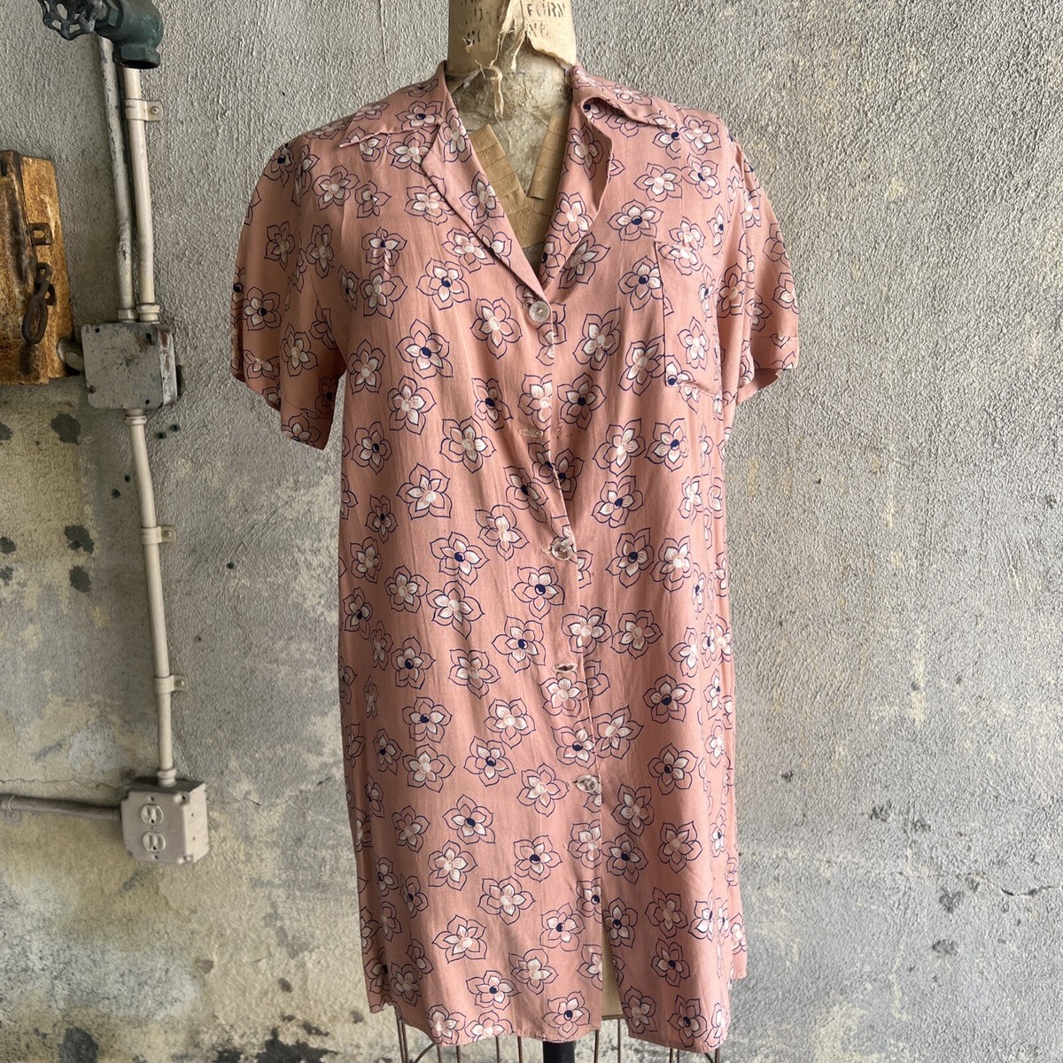 Vintage 1930s Pink & Blue Linen Cotton Smock Dress Oversized Fit Bust Pocket