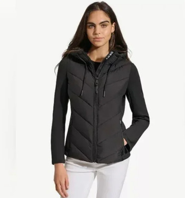DKNY Women's Hooded Puffer Jacket Scuba Sleeves Black Size L