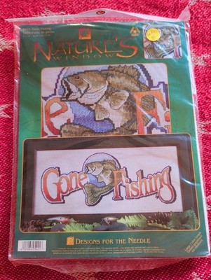 New Vintage Counted Cross Stitch Kit Nature's Window 8 X 18'' Gone Fishing #5421 