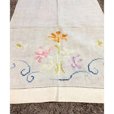 Vintage Linen Table Runner or Dresser Scarf with Cross Stitched Flowers Handmade