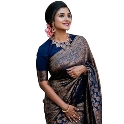 Blue Color Kanjivaram Silk Saree With, Embellished Bandhani Georgette Party Sari