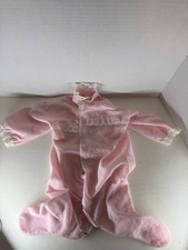 Vintage Pink Velour Baby Footed Sleeper Lace Trim Embroidered Ducks Snap Front I