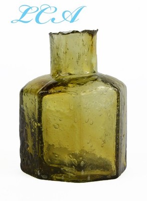 Nice OLIVE GREEN primitive looking antique INK WELL bottle w/ BURST TOP - BIM