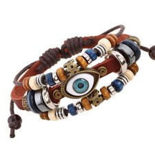 Retro Cowhide Leather Bracelet Adjustable  Boho Multi-Layer Wristband Beaded