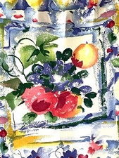 Vintage 90 s Big Print Lemons Florals Fruit Cotton Blend 52 Round Tablecloth