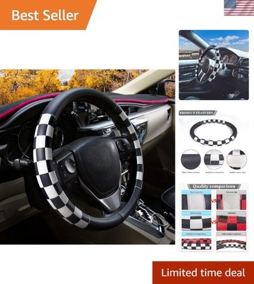 Non-Slip Leather Steering Wheel Cover in Chic Black and White Checkered Design