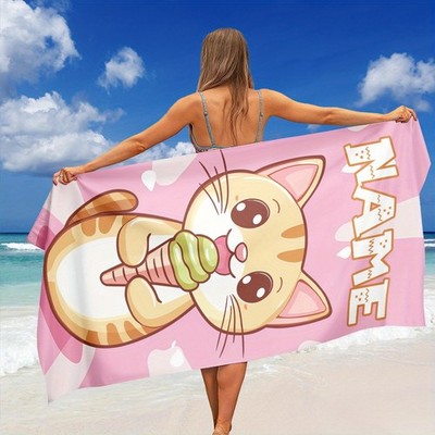 1pc Cartoon Kitten Eating Ice Cream Beach Towel, Custom Name Beach Towel, Micr