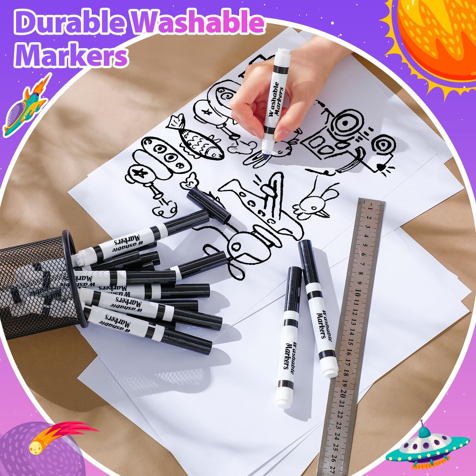 24 Pcs Washable Markers Bulk Broad Line Markers Coloring Conical Tip Large pe