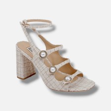 Badgley Mischka Women's Beige Tweed Embellished Block-Heel Sandals Shoes Size 8