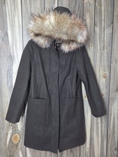 Nine West Women's SZ M Wool Blend Coat Jacket Hooded Faux Fur Trim Pockets Brown