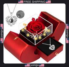 Red Preserved Rose Gift Box with LED Lights and Necklace for Women