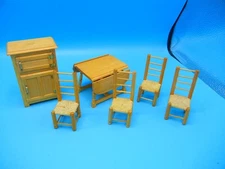Vintage Dollhouse Concord Miniature Wooden Ice Box~Kitchen Table & Chairs Taiwan