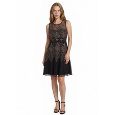 Tahari Fit Flare Cocktail Dress Women's Size 12 Black Gold Embroidered Mesh Lace