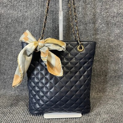 Vintage Talbots Quilted Navy Bucket Tote Chain Strap Shoulder Bag Gold Hardware
