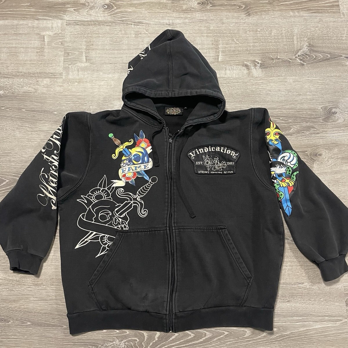 Vintage Y2K Raw Blue Hoodie Mens XL Black Full Zip Vindication