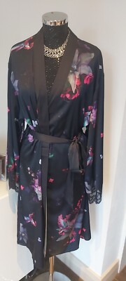 TED BAKER 8/10 POMEGRANATE Satin Lace Dressing Gown Robe Navy