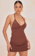 PrettyLittleThing Chocolate Textured Cross Back V Neck Bodycon Dress