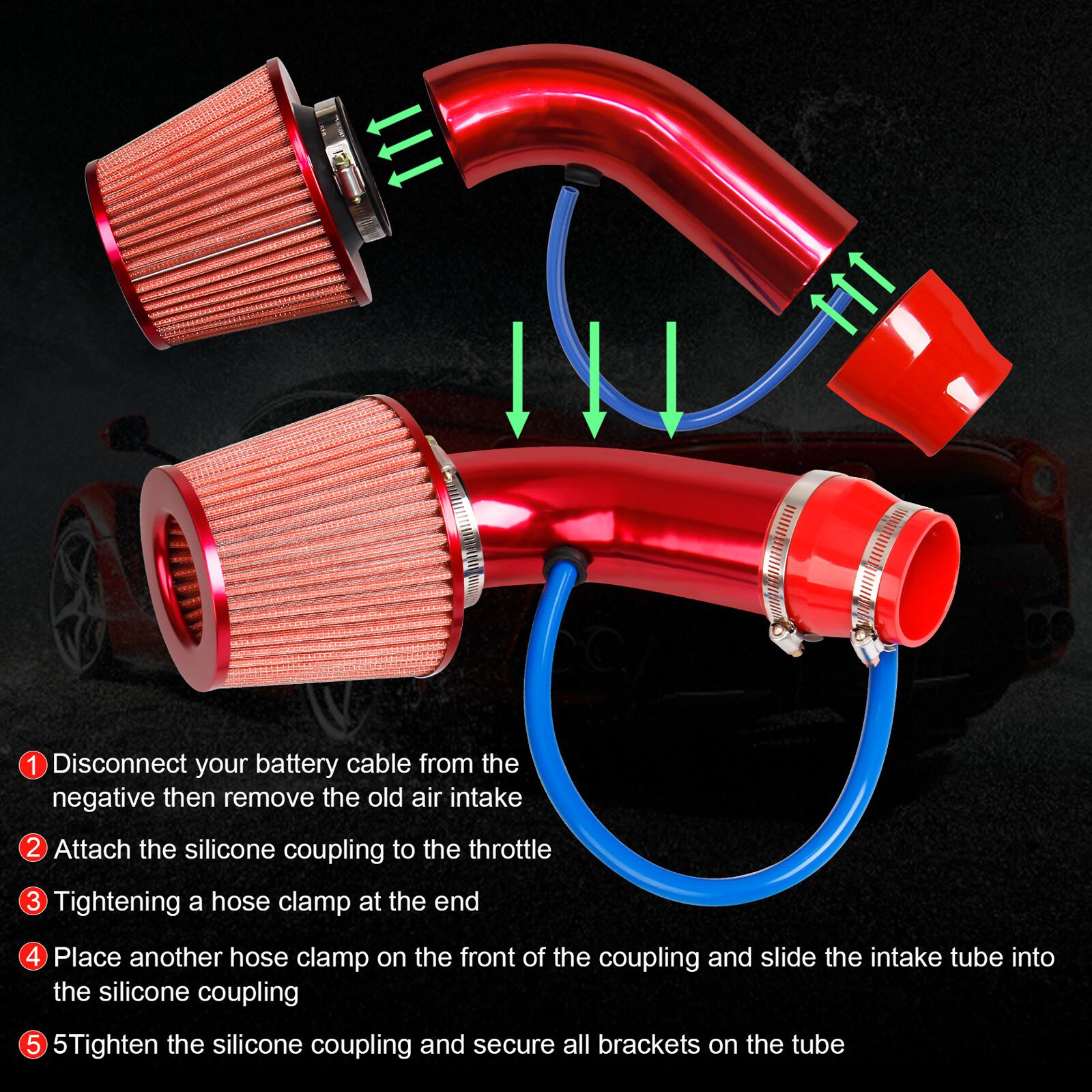3" 76mm Car Cold Air Intake Filter Induction Kit Pipe Power Flow Hose System New