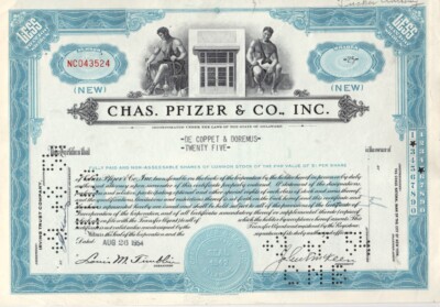 Chas. Pfizer & Co - Original Stock Certificate - 1954 - NC043524