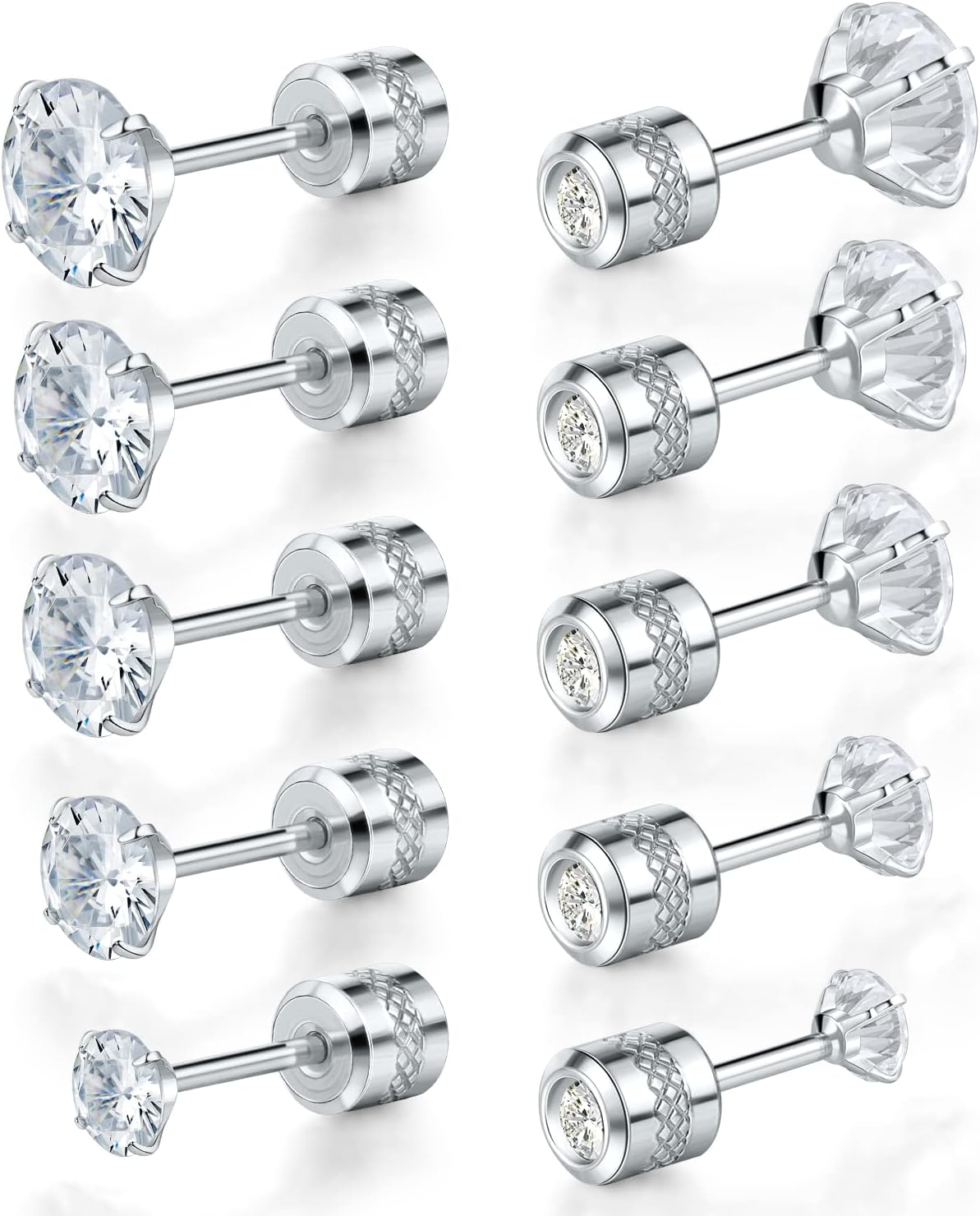 Pack of 5 round CZ Screw Flat Back Earrings Hypoallergenic for Sensitive Ears